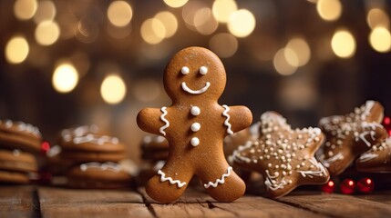 Professional Close up of a Well Made and Detailed Gingerbread Cookie Standing on a Wooden Table with a Christmas Tree with X-Mas Lights Illuminating the Room in the Background. 25th December.