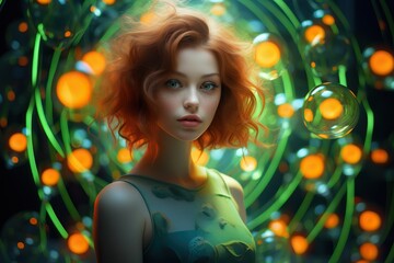 Professional Close-Up of a Young Woman Standing in Front of a Green Glowing Neon Spehere Background. Dressed in Green Clothes and Blonde Short Messy Hair.