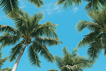 Obraz premium Tropical palm trees under blue skies and sunshine on a sunny day