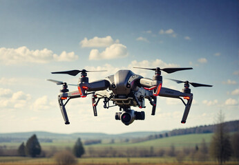 a quadcopter with a camera on board takes flight