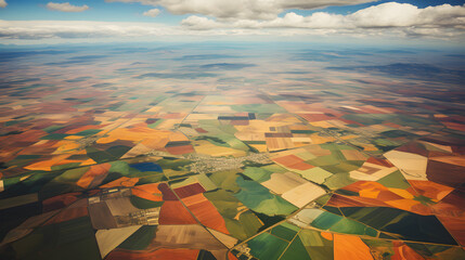 Aerial view of large agricultural area, patchwork fields - obrazy, fototapety, plakaty