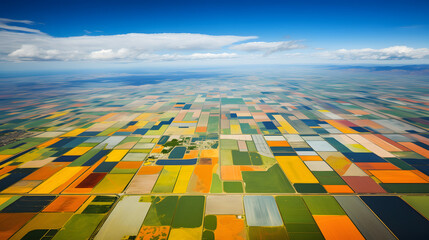 Aerial view of large agricultural area, patchwork fields - obrazy, fototapety, plakaty