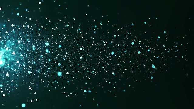Colorful animation of bright particles flying horizontally. Dynamic particles randomly float in slow motion in space. Shimmering sparkling particles. Real colored particles in the air. 3d. 4k animatio