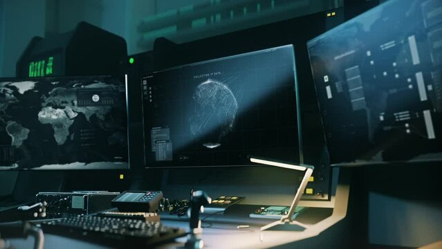 Spy system performing web cyber attack to locate the satellites on the map. Hacker attacking the web global map online network. Attacking the web map to collect confidential intel data.