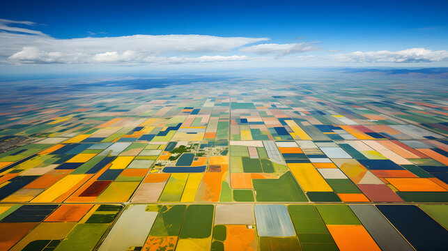 Aerial view of large agricultural area, patchwork fields