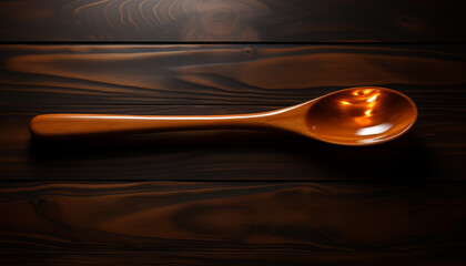 Shiny silver ladle on old wooden table, rustic elegance generated by AI