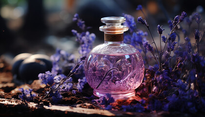 Obraz na płótnie Canvas Purple flower in glass bottle, aromatherapy oil for relaxation generated by AI