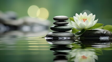 Natural Symphony - The Artful Blend of Serene Spa Stones and the Gentle Beauty of a Floating Water Lily. Generative AI