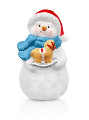 one happy snowman holds a rocking horse in his hands. highlighted on a white background
