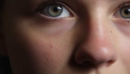 Beautiful brown eyed child smiling joyfully in nature abstract background generated by AI