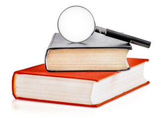 two hardcover books with a magnifying glass are highlighted on a white background