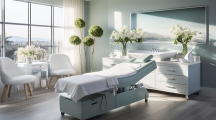 Fototapeta premium Achieve Serenity and Rejuvenation with a Professional Spa Session on an Exquisite Massage Table. Generative AI