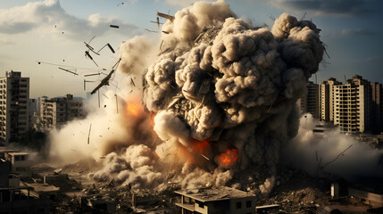 Impact of artillery shelling on war zone buildings - obrazy, fototapety, plakaty