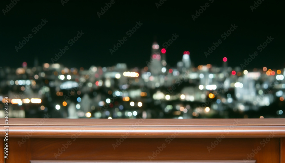 Sticker Empty office desk with defocused cityscape backdrop and glowing lighting generated by AI