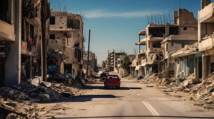 Ruined buildings in war-torn city, signs of conflict