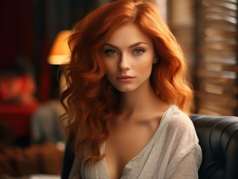 A Beutiful and Fascinating Ginger Long Haired Teenager Looking at the Camera While Sitting on a Couch.