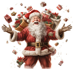 Wesoły Święty Mikołaj z torbą pełną prezentów na przezroczystym tle PNG. - obrazy, fototapety, plakaty