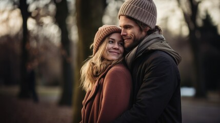 Fototapeta premium Young man affectionately hugging his girlfriend from behind in a park at sunset.