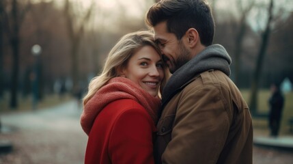 Fototapeta premium Caucasian woman looking at camera, hugging her boyfriend