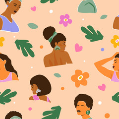 Seamless pattern with abstract silhouettes of beautiful women. Cute different girls on a background of flowers, leaves. Vector graphics.