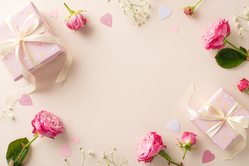 Love Unveiled: Capture the essence of Valentine's with this top-view arrangement—gift boxes, pink...