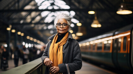 A stylish mature Black woman stands confidently at the train station, her attire adding vibrancy to her elegant ensemble, perfect blend of chic sophistication and comfortable travel wear - obrazy, fototapety, plakaty