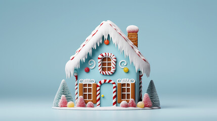 Gingerbread christmas house with colorful candy isolated on light blue background, copy space - obrazy, fototapety, plakaty