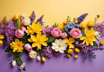 Flowers, roses, tulips, daisies and others, on yellow background