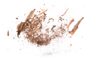 Rotten, old pieces of wood scattered, isolated on white, top view