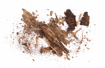 Rotten, old pieces of wood scattered, isolated on white, top view
