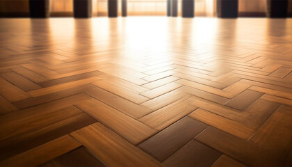 Geometric shapes in bright yellow on clean parquet flooring generated by AI