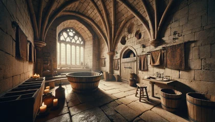 Fototapeten A spacious medieval castle bathroom illuminated by natural light, featuring a large wooden tub, arched stone windows, and vintage accessories... © dragon_fang