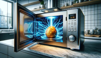 A sleek microwave displays a potato amidst visible electricity, combining modernity with a hint of science fiction... - obrazy, fototapety, plakaty