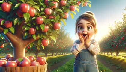 An animated girl with wide, astonished eyes marvels at abundant apples in a sunlit orchard... - obrazy, fototapety, plakaty