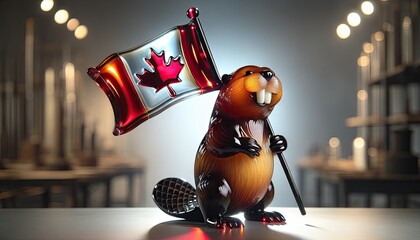 A glossy sculpture of a beaver holding a Canadian flag, rendered in a lifelike glass art style on a table with blurred background lights..
