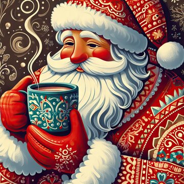 Santa Claus sips hot cocoa, depicted in a rich folk art style, exuding warmth and holiday cheer...