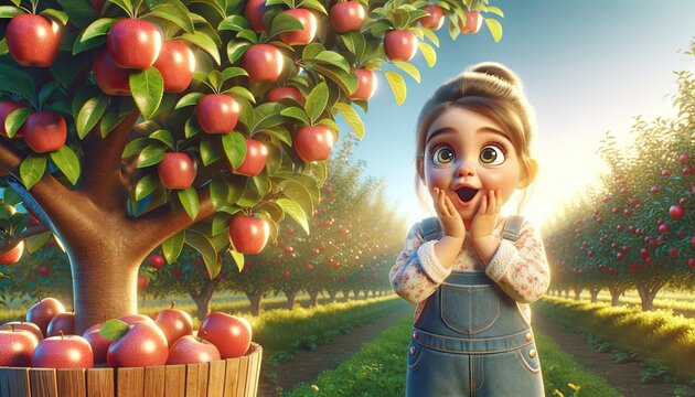 An animated girl with wide, astonished eyes marvels at abundant apples in a sunlit orchard...