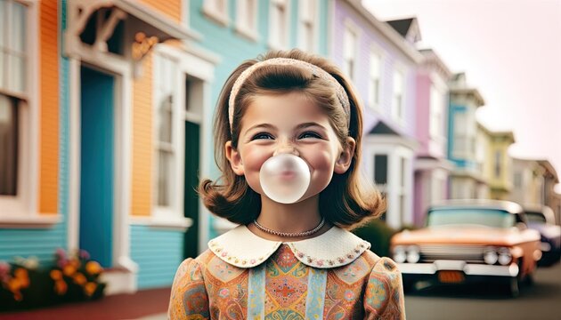 A young girl blows a large bubble gum bubble, with colorful vintage houses and a classic car in the background.