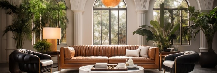Panorama of luxury living room with brown leather sofa and coffee table. Elegant Luxury Interior of Living Room of a Rich House. - obrazy, fototapety, plakaty