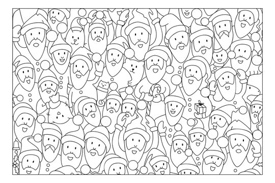 Coloring page. Crowd of Santa Clauses and animal. Christmas puzzle game for kids.  Sketch Vector illustration