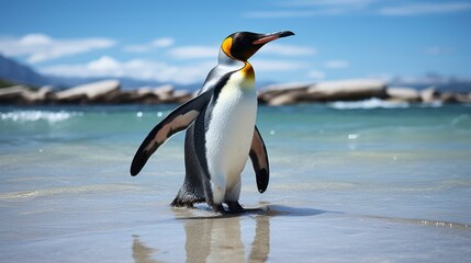 Sandy Sovereign. A King Penguin's Day by the Shore. Generative AI