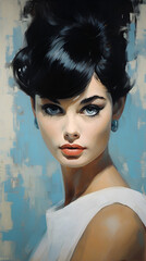 Painting of a woman with black hair and sky blue eyes in a sixties inspired portrait