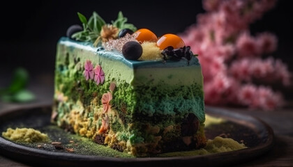 Freshly baked cheesecake slice with raspberry and blueberry decoration generated by AI