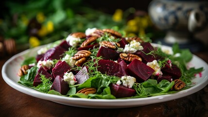 Vibrant Beet and Goat Cheese Salad with Candied Pecans - obrazy, fototapety, plakaty