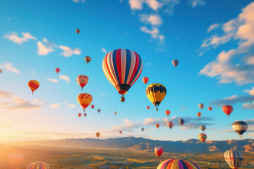 A hot air balloon festival with vibrant balloons taking flight on Australia Day. Concept of aerial displays and excitement. Generative Ai. - obrazy, fototapety, plakaty