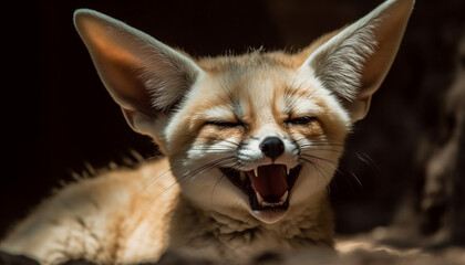 Cute kitten with fluffy fur and whiskers, close up portrait generated by AI