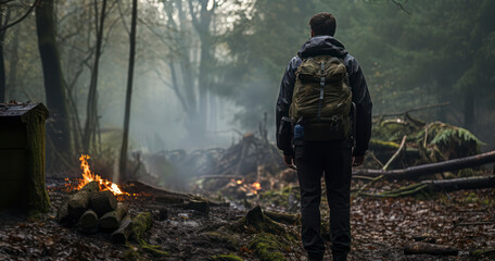 A Man exploring the nature in the forest with backpack. Essential bushcraft survival skills demonstrated in a dense forest setting. Generative AI - obrazy, fototapety, plakaty