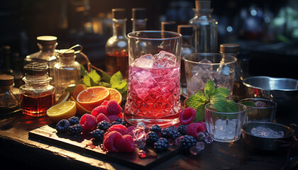 Freshness in a glass Berry cocktail on wooden table generated by AI
