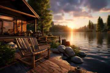 Fototapeta premium A serene lakeside cabin at sunset, creating a picturesque scene of rustic tranquility. Concept of lakeside living and relaxation. Generative Ai.