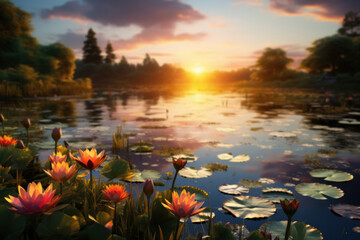 The sun setting over a serene pond, with water lilies and a tranquil atmosphere. Concept of peaceful aquatic scenes. Generative Ai.